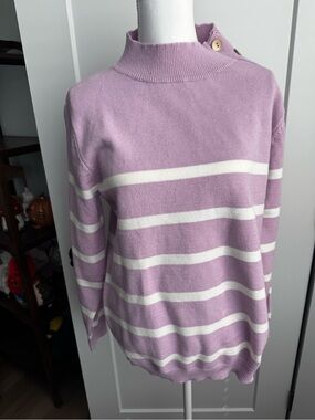 Striped Lavender Mock Neck Sweater with Button Detail